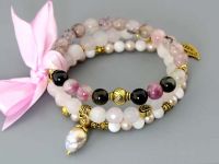 Комплект браслетов «Нежность» из розового кварца, турмалина и жемчуга